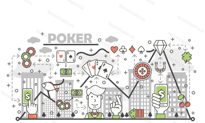Poker karetní hra koncept vektorové ilustrace. Moderní tenká čára art plochý styl designový prvek s karban symboly, ikony pro webové stránky bannery a tiskovin.