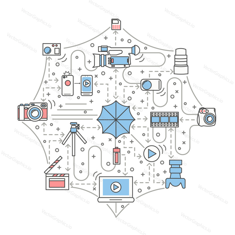 Photo concept vector illustration. Modern thin line art flat style design element in the shape of photography lighting umbrella with photographic icons for website banners and printed materials.