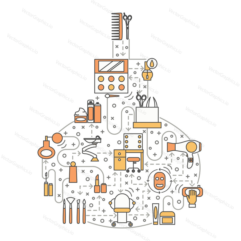 Kosmetický salon koncept vektorové ilustrace. Moderní design thin line Art flat style ve tvaru stříkací láhve s profesionálními kosmetickými a kadeřnickými potřebami, doplňky pro webové bannery a tisk.