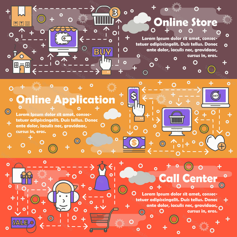 Vector set of horizontal banners with Online store, Online applications, Call center line art flat style design elements, web templates.