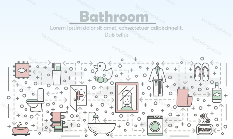 Koupelna reklamní vektorové ilustrace. Moderní designový prvek s plochým stylem tenké linie se symboly koupelny, ikonami pro bannery webových stránek a tištěnými materiály.