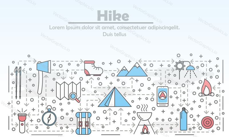 Výlet reklamní vektorové ilustrace. Moderní designový prvek s plochým stylem tenké linie s symboly kempování a turistiky, ikony pro bannery webových stránek a tištěné materiály.