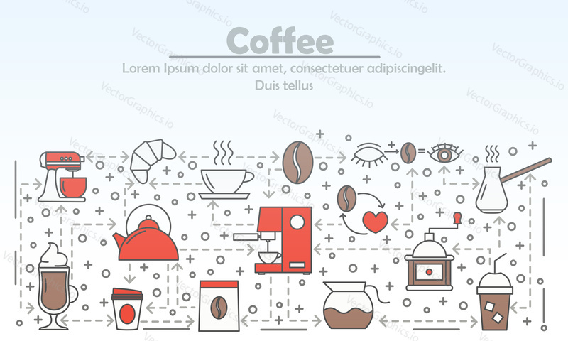 Káva reklamní vektorové ilustrace. Moderní designový prvek s plochým stylem tenké linie se symboly kávového nápoje, ikony pro bannery webových stránek a tištěné materiály.