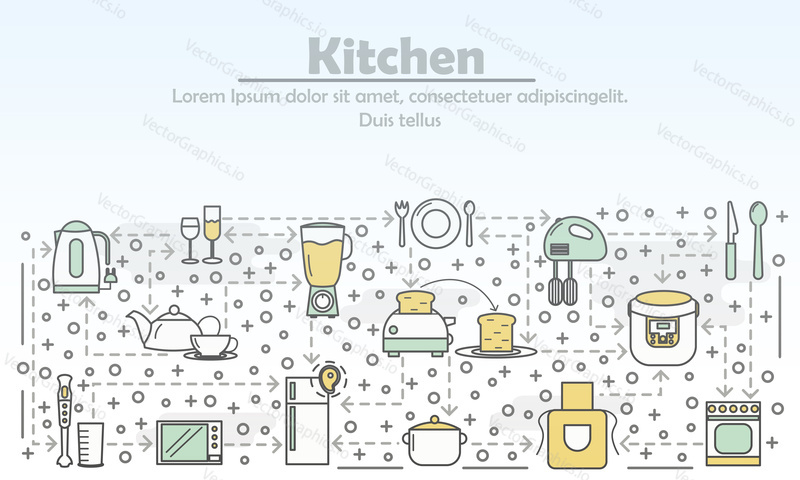 Kuchyně reklamní vektorové ilustrace. Moderní designový prvek s plochým stylem tenké linie s kuchyňskými spotřebiči a kuchyňským náčiním pro webové bannery a tištěné materiály.