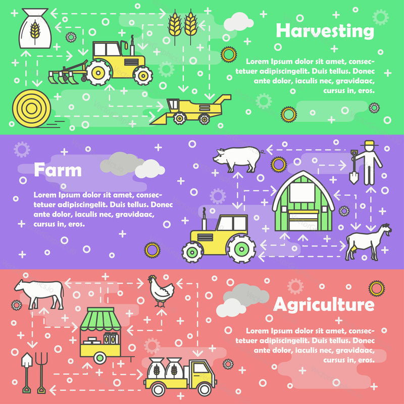 Vector set of horizontal banners with Harvesting, Farm and Agriculture line art flat style design elements, web templates.