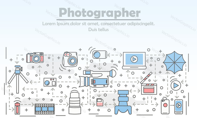 Vektorová ilustrace konceptu fotografie. Moderní tenká čára umění plochý styl designový prvek s fotografickým zařízením symboly, ikony pro webové stránky bannery a tiskovin.