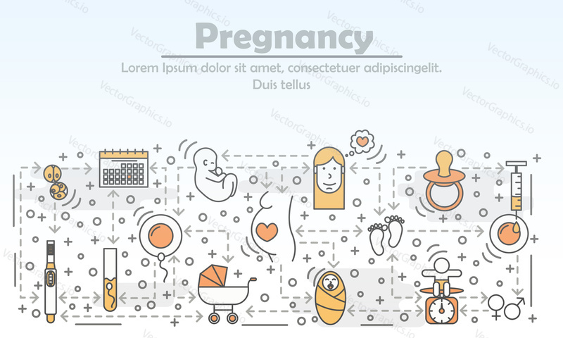 Těhotenství reklamní vektorové ilustrace. Moderní tenká čára art plochý styl designový prvek s mateřství a porodu symboly, ikony pro webové stránky bannery a tištěných materiálů.