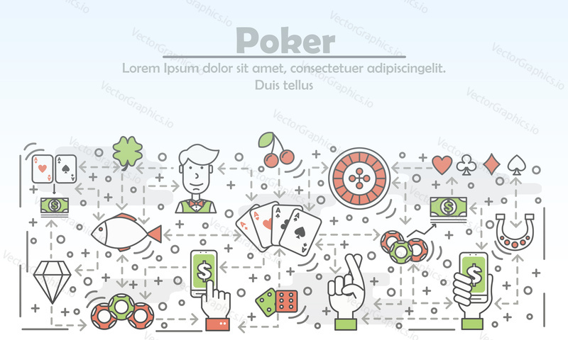 Poker reklamní vektorové ilustrace. Moderní tenká čára art plochý styl designový prvek s karban symboly, ikony pro webové stránky bannery a tiskovin.
