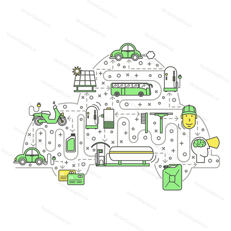 Fueling concept vector illustration. Modern thin line art flat style design element in the shape of car with solar charging and petrol fueling symbols, icons for website banners and printed materials