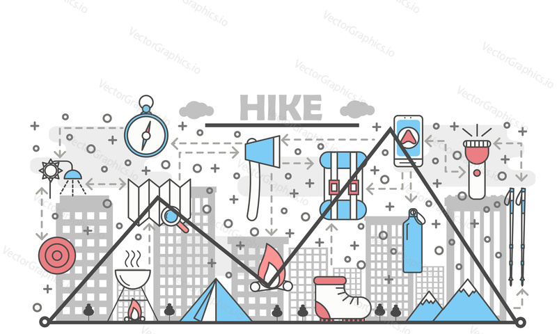 Vektorová ilustrace konceptu Hike. Moderní designový prvek s plochým stylem tenké linie s symboly kempování a turistiky, ikony pro bannery webových stránek a tištěné materiály.