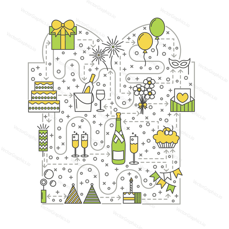 Oslava koncept vektorové ilustrace. Moderní thin line art plochý design ve tvaru dárkové krabičky s happy birthday a svatební symboly, ikony pro webové stránky bannery a tištěných materiálů.