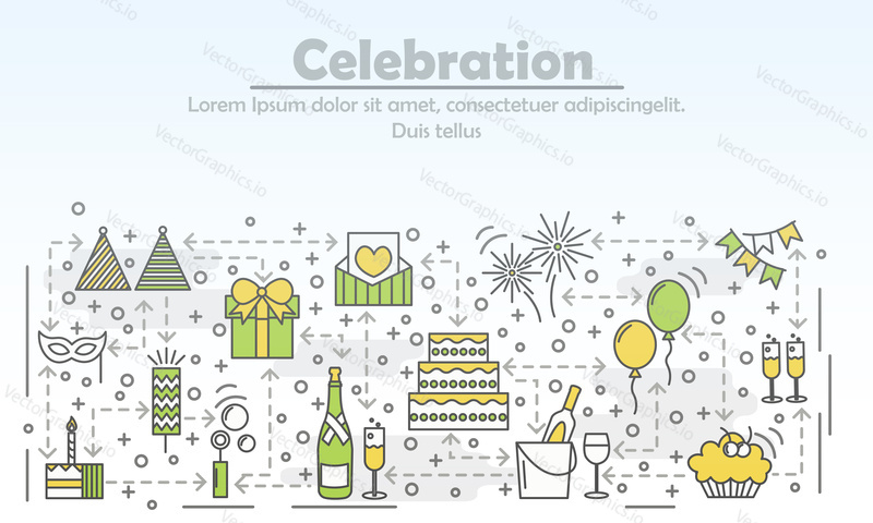 Oslava akce agentura reklamní vektorové ilustrace. Moderní tenká čára art plochý styl designový prvek s Všechno nejlepší k narozeninám a svatební symboly, ikony pro webové stránky bannery a tištěných materiálů.