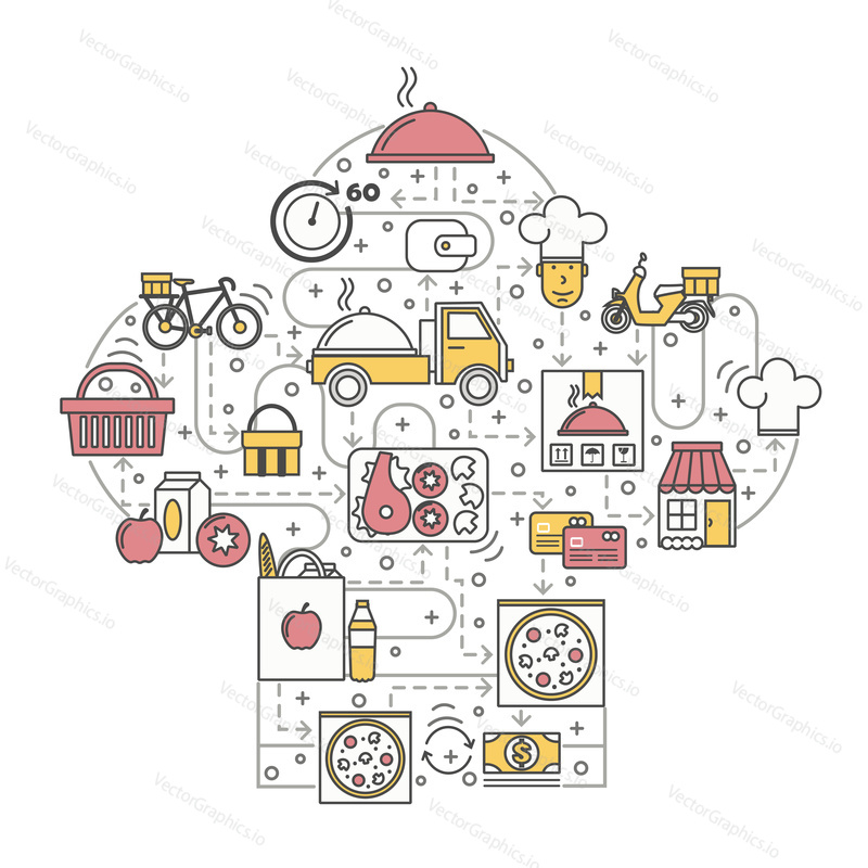 Food delivery vector illustration. Modern thin line art flat style design element in the shape of chefs hat with meal delivery service symbols, icons for website banners and printed materials.
