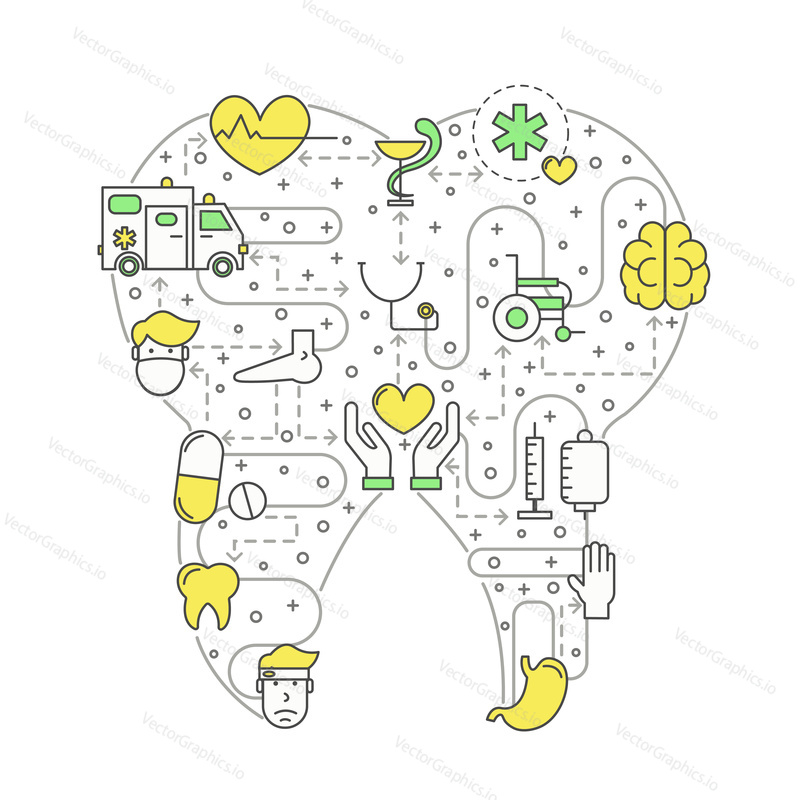 Medicine concept vector illustration. Modern line art flat style design element in the shape of tooth with medical icons, symbols for web banner and printed materials.