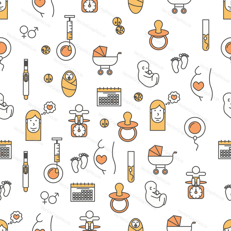 Vector seamless pattern with decorative maternity and childbirth symbols, icons. Pregnancy background, wrapping paper texture thin line art flat style design.
