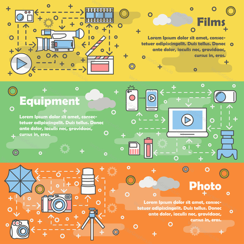 Vektorová sada horizontálních bannerů s filmy, vybavením a fotografickými liniemi plochých designových prvků, webových šablon.