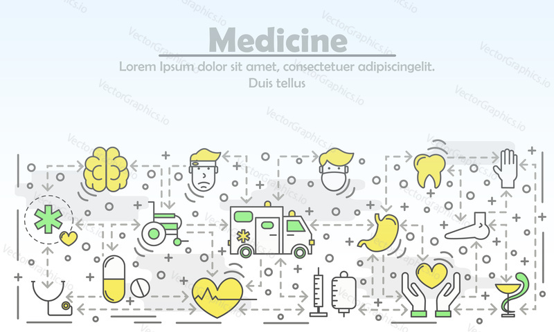 Medicine advertising vector illustration. Modern line art flat style design element with medical icons, symbols for web banner and printed materials.