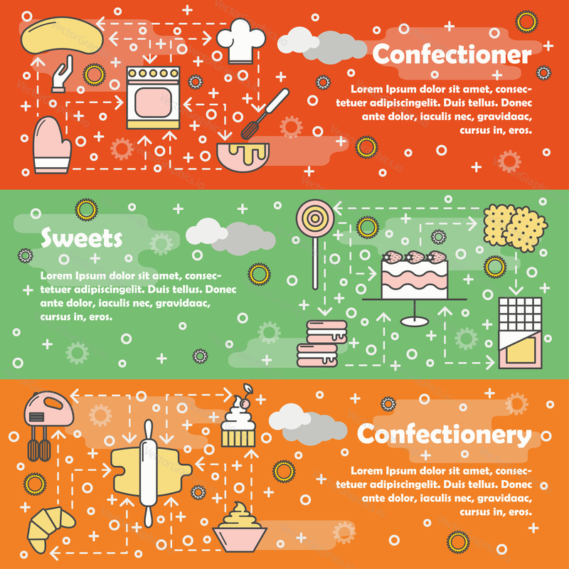 Vector set of horizontal banners with Confectioner, Sweets and Confectionery line art flat style design elements, web templates.