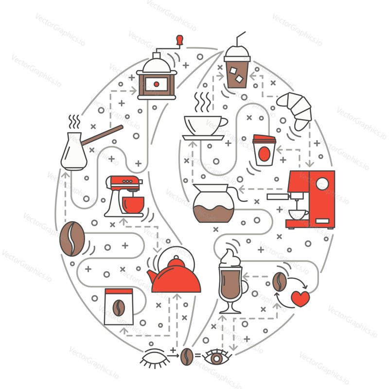 Coffee concept vector illustration. Modern thin line art flat style design element in the shape of coffee bean with coffee drink symbols for website banners and printed materials.