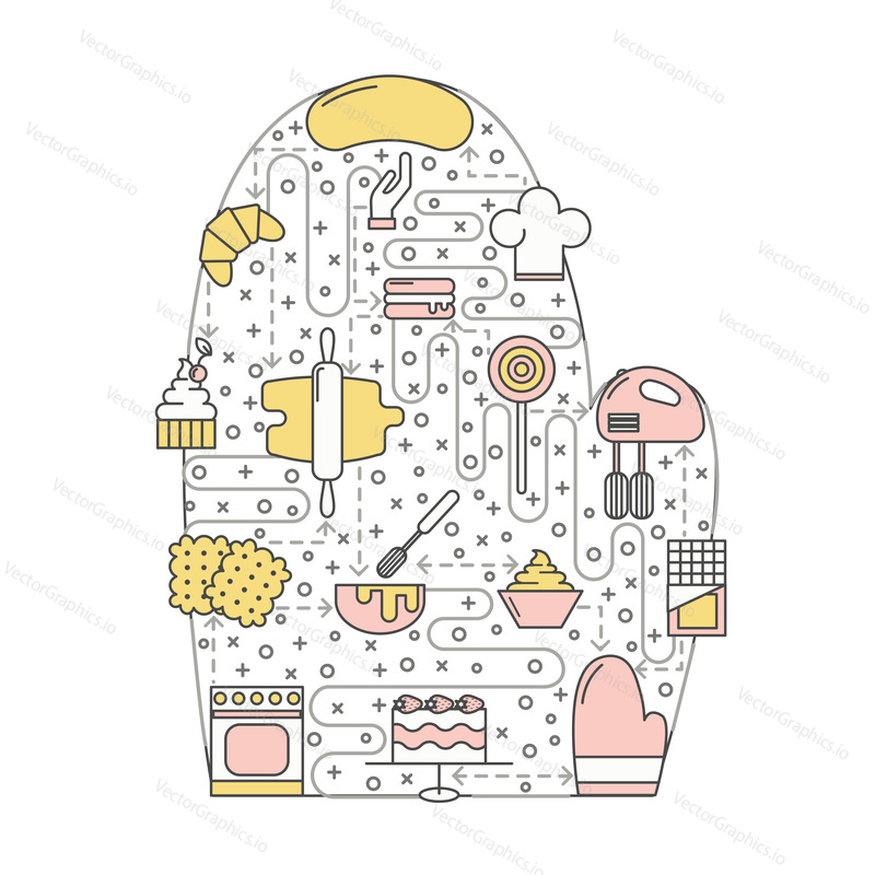 Confectionery concept vector illustration. Modern thin line art flat style design element in the shape of oven mitt with sweet food symbols, icons for website banners and printed materials.