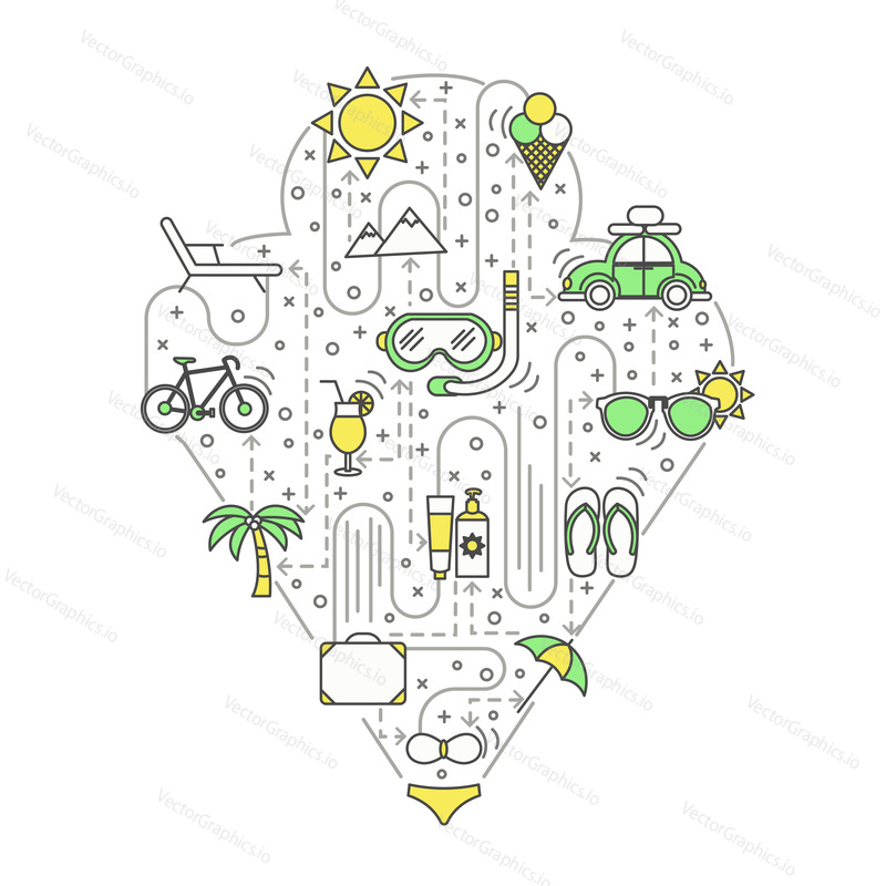 Letní vektorová ilustrace. Moderní tenká čára art plochý styl designový prvek ve tvaru zmrzliny s letními symboly, ikony pro webové stránky bannery a tiskovin.