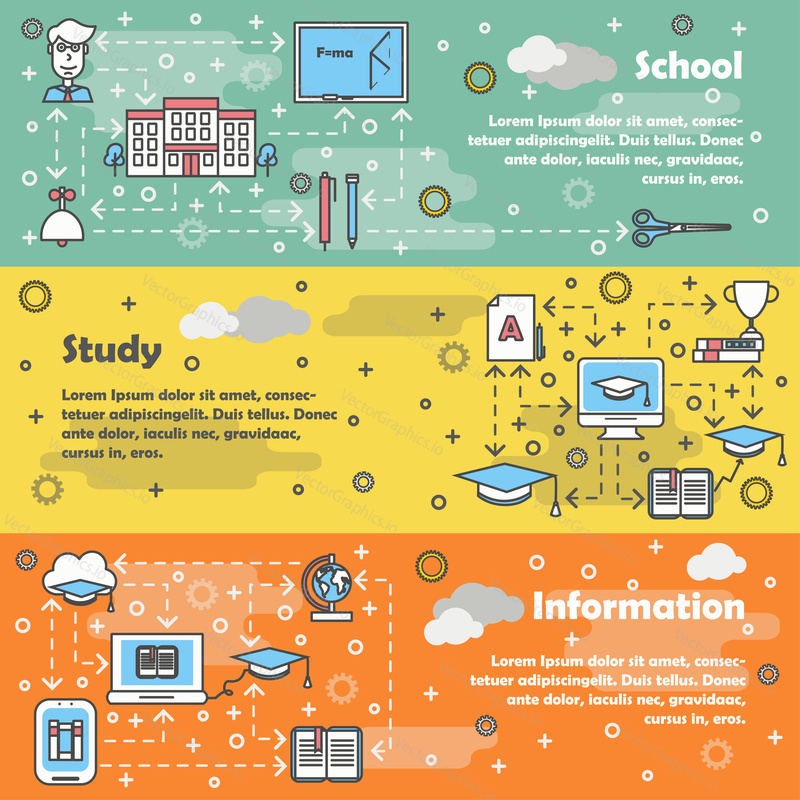 Vector set of horizontal banners with School, Study and Information line art flat style design elements, web templates.