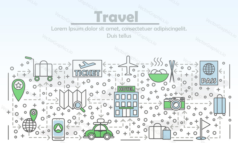 Vektorová ilustrace pro cestovní reklamu. Moderní tenká čára art plochý styl designový prvek s cestovní symboly, ikony pro webové stránky bannery a tištěných materiálů.