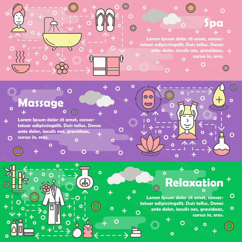 Vektorová sada horizontálních bannerů s lázeňskými, masážními a relaxačními liniemi Art flat style design prvky, webové šablony.