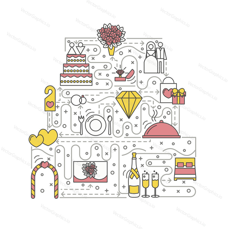Wedding concept vector illustration. Modern thin line art flat style design element in the shape of wedding cake with wedding symbols, icons for website banners and printed materials.