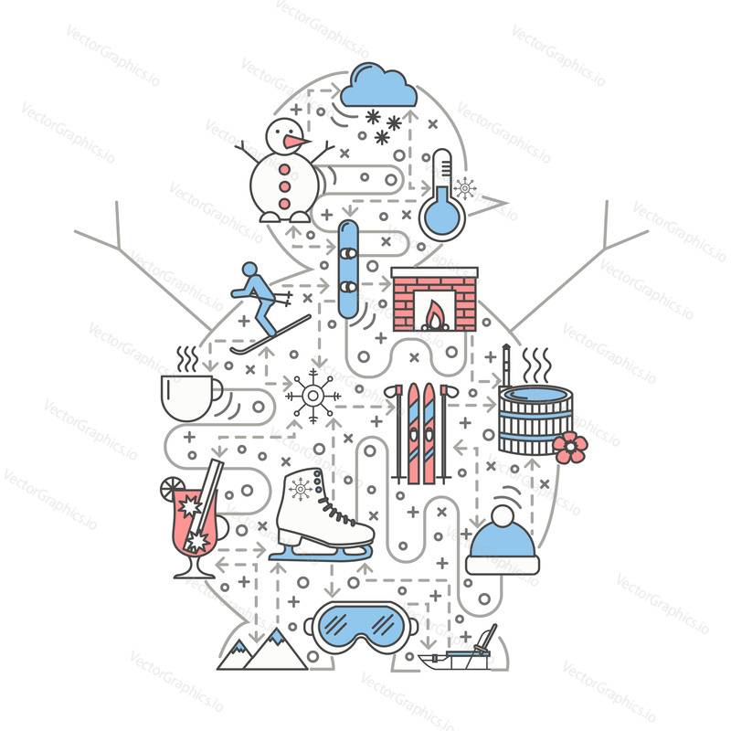 Zimní vektorová ilustrace. Moderní tenká čára umění plochý styl designový prvek ve tvaru sněhuláka se symboly zimní zábavy, ikony pro webové stránky bannery a tiskovin.