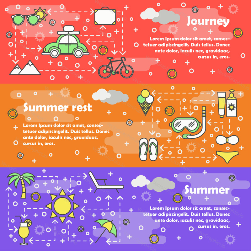 Vektorová sada horizontálních bannerů s cestami, letním odpočinkem a letními liniemi art flat style design prvky, webové šablony.