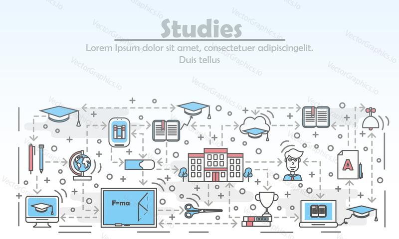 Studies advertising vector illustration. Modern thin line art flat style design element with educational symbols, icons for website banners and printed materials.