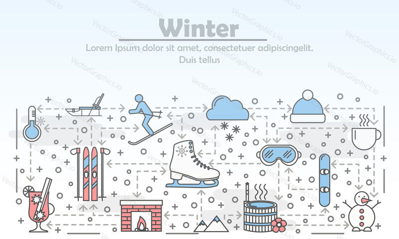 Venkovní zimní aktivity vektorové ilustrace. Moderní tenký linkový Art plochý designový prvek se zimními symboly, ikonami pro bannery webových stránek a tištěnými materiály.