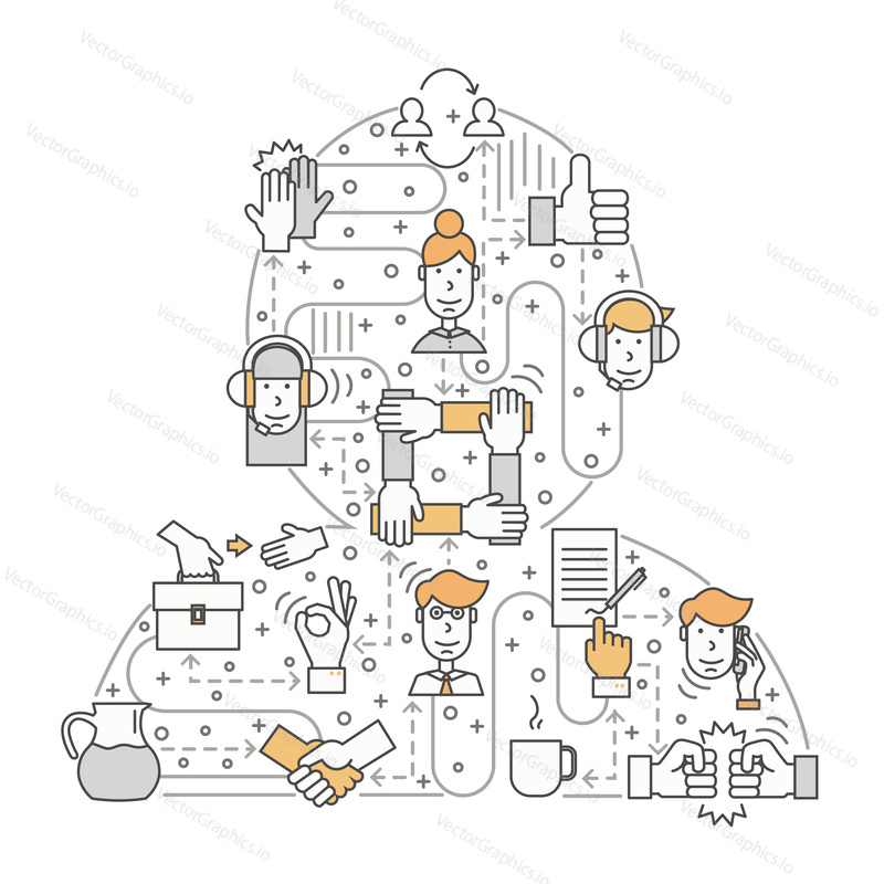 Work with clients concept vector illustration. Modern thin line art flat style design element in the shape of male avatar with client support symbols, icons for website banners and printed materials.