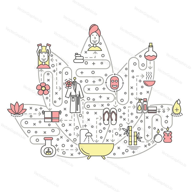 Lázeňské a masáže koncept vektorové ilustrace. Moderní tenká linie umění plochý styl designový prvek ve tvaru lotosu s spa a kosmetické symboly, ikony pro webové stránky bannery a tiskovin.
