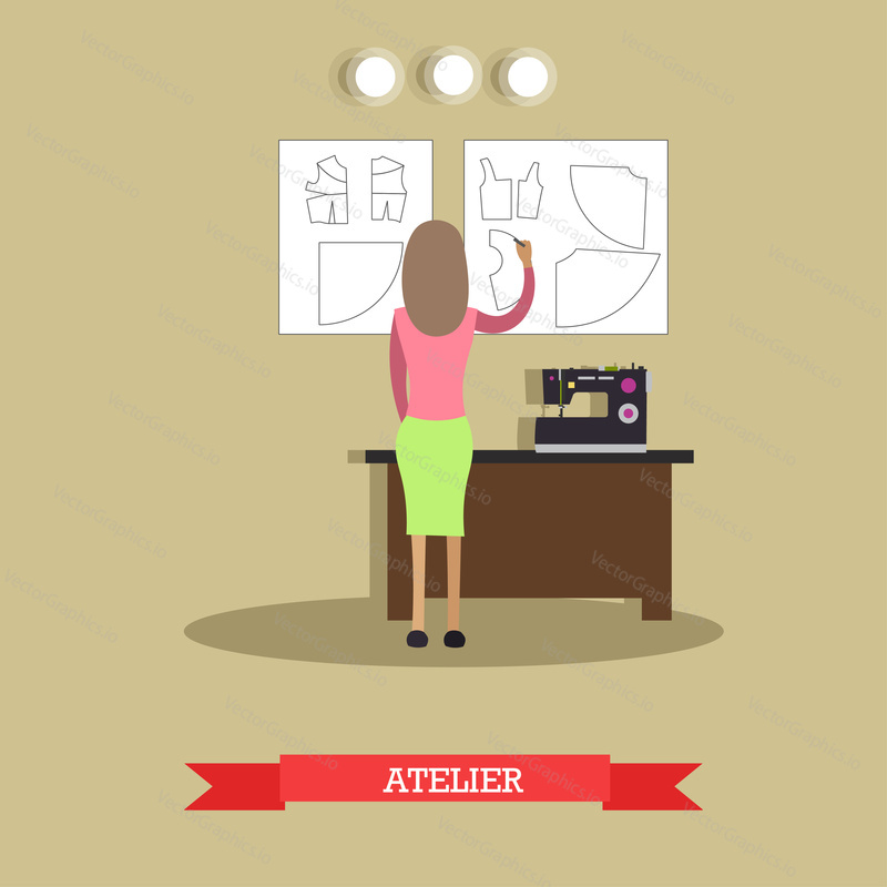 Vector illustration of clothing designer, patternmaker, dressmaker female drawing pattern on paper for cutting out. Atelier, tailoring shop, fashion salon concept design element in flat style.