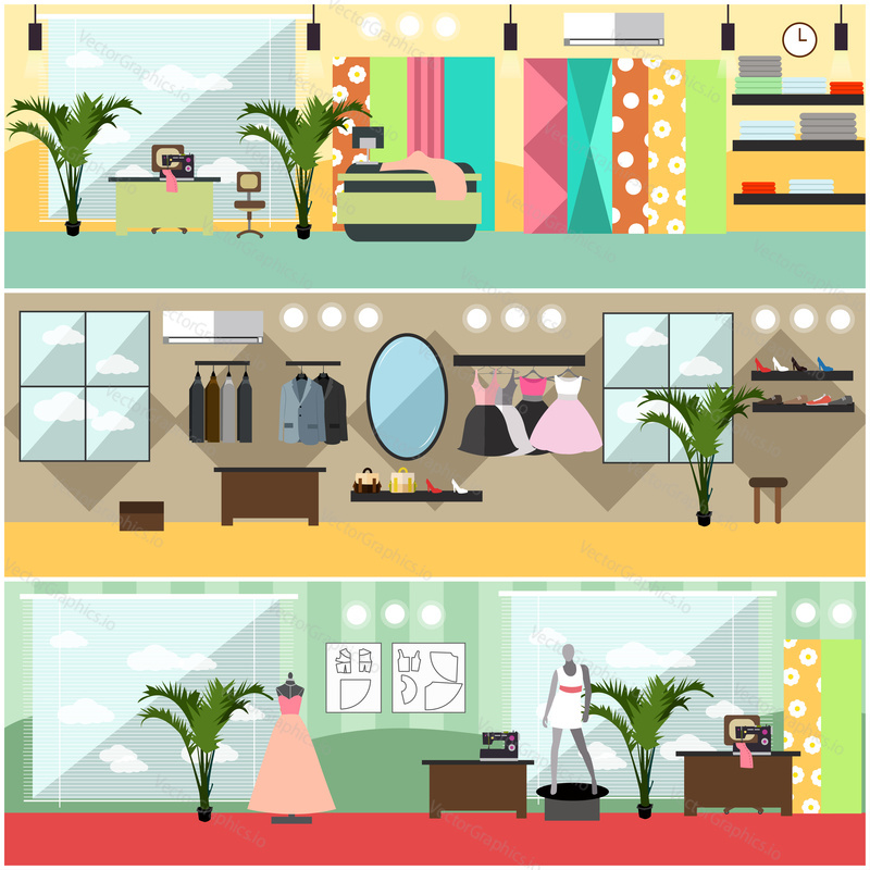 Vector set of fashion salon, atelier, tailoring shop, sewing workshop interior posters, banners. Flat style design elements.