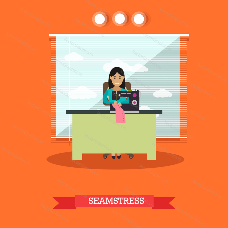 Vector illustration of young woman seamstress sewing on treadle sewing machine. Atelier, tailoring shop, fashion salon concept design element in flat style.