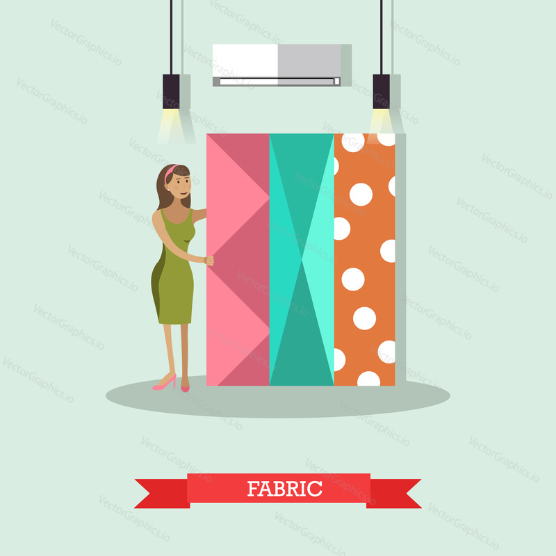 Vector illustration of young woman choosing fabric to have clothing made. Atelier, tailoring shop, fashion salon concept design element in flat style.