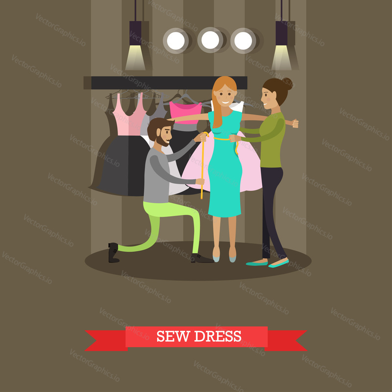 Sew dress vector illustration. Custom dressmakers male and female taking measurements from young lady. Atelier, tailoring shop, fashion salon concept design element in flat style.