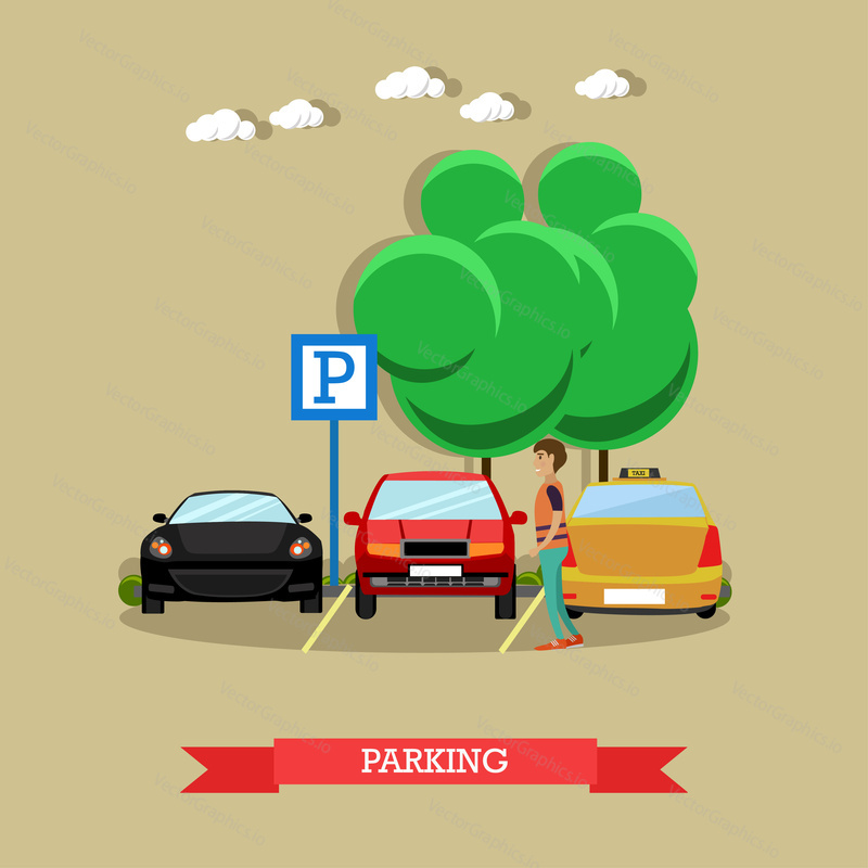 Parking concept vector illustration. Parking lot sign, parked cars in car park flat style design elements.