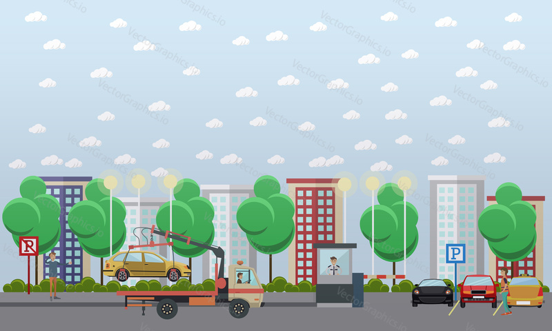 Vektorová ilustrace parkoviště se zaparkovanými automobily, odtahový vůz evakuující Auto, parkovací asistent ve strážní kabině, řidič přijímající parkovací lístek. Ploché designové prvky.