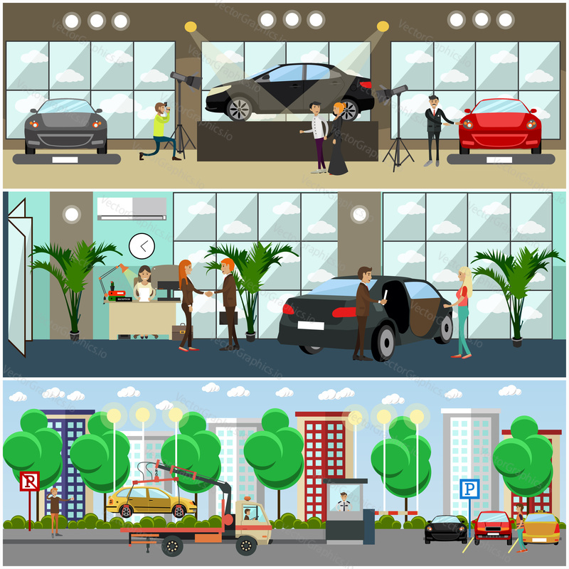 Vector set of cars concept posters, banners. Car show, car shop, parking lot with sellers, buyers, drivers flat style design elements.