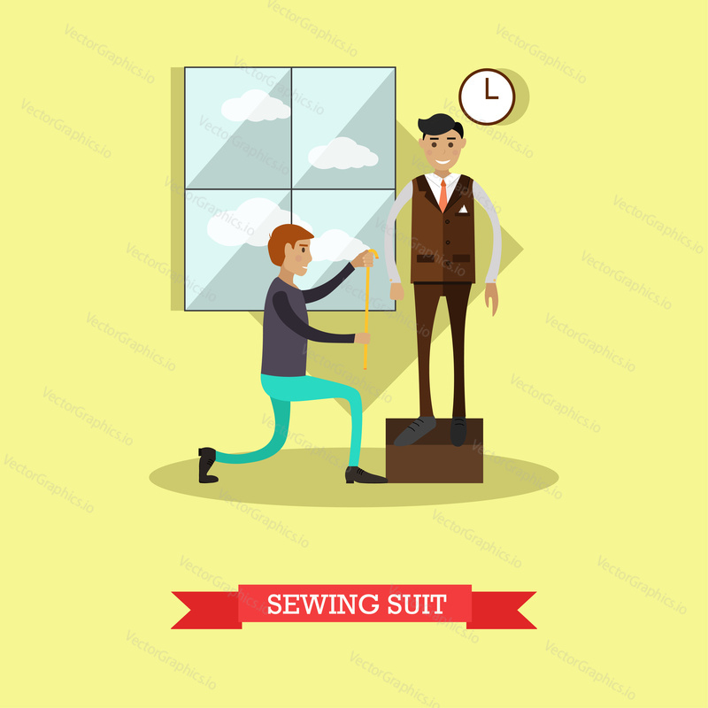 Sewing suit concept vector illustration. Clothing designer or tailor taking measurements from young man. Atelier, tailoring shop, fashion salon concept design element in flat style.