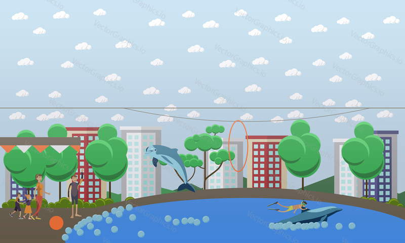 Vector illustration of trainer and bottlenose dolphin performing tricks, young man enjoying swimming with dolphin in blue swimming pool. Dolphinarium flat style design elements.