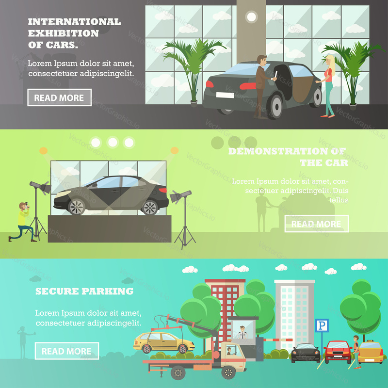 Vector set of cars horizontal banners. International exhibition of cars, Demonstration of the car, Secure parking flat style design elements.
