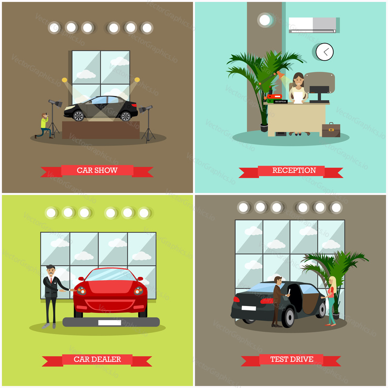 Vector set of car shop posters. Car show, Reception, Car dealer and Test drive flat style design elements.