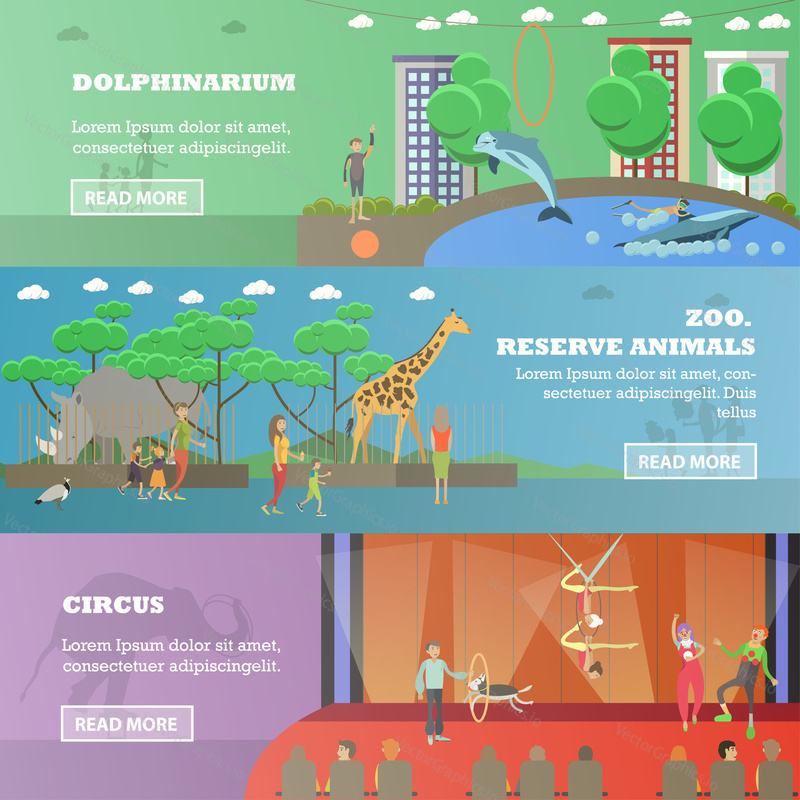Vector set of dolphinarium, circus and zoo horizontal banners. Dolphinarium, Zoo reserve animals and Circus flat style design elements.