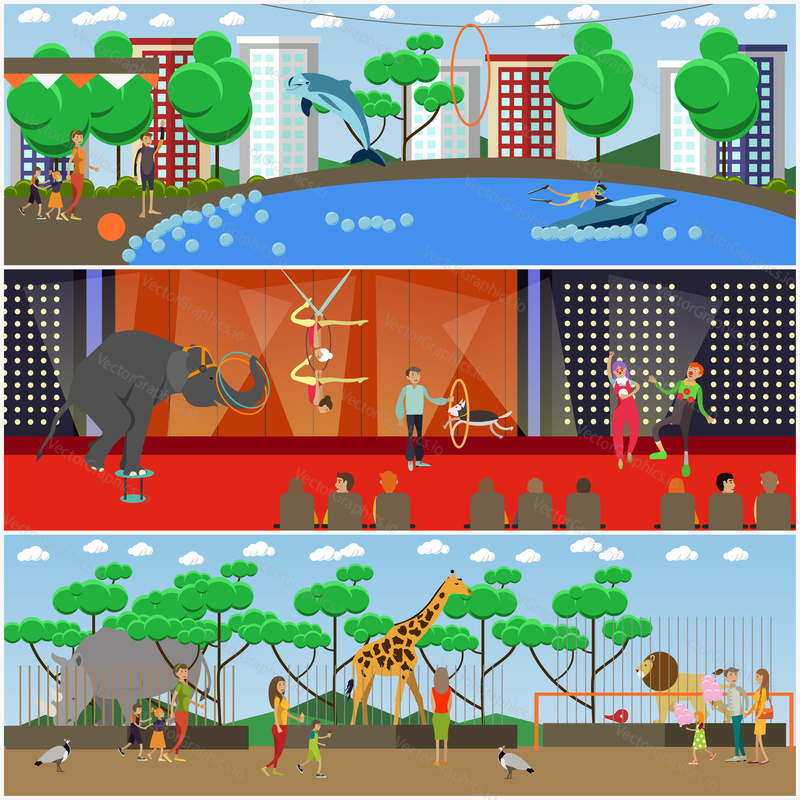 Vector set of dolphinarium, circus and zoo posters, banners. Zoo animals, trained circus and dolphinarium animals. Aerial acrobats and clowns performing on stage. Flat style design elements.