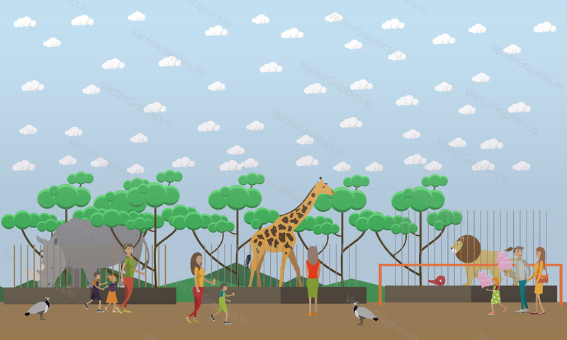 Vektorová ilustrace konceptu Zoo. Návštěvníci Dospělí a děti vidět divoká exotická zvířata v klecích nosorožec, žirafa a lev. Peafowls putování mezi lidmi. Zoo zvířata plochý styl designu.